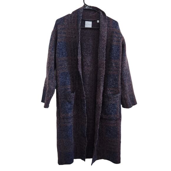 Cyrus Open Front Duster Cardigan Sweater Shawl Collar Plaid Brown Navy Small - Picture 1 of 7